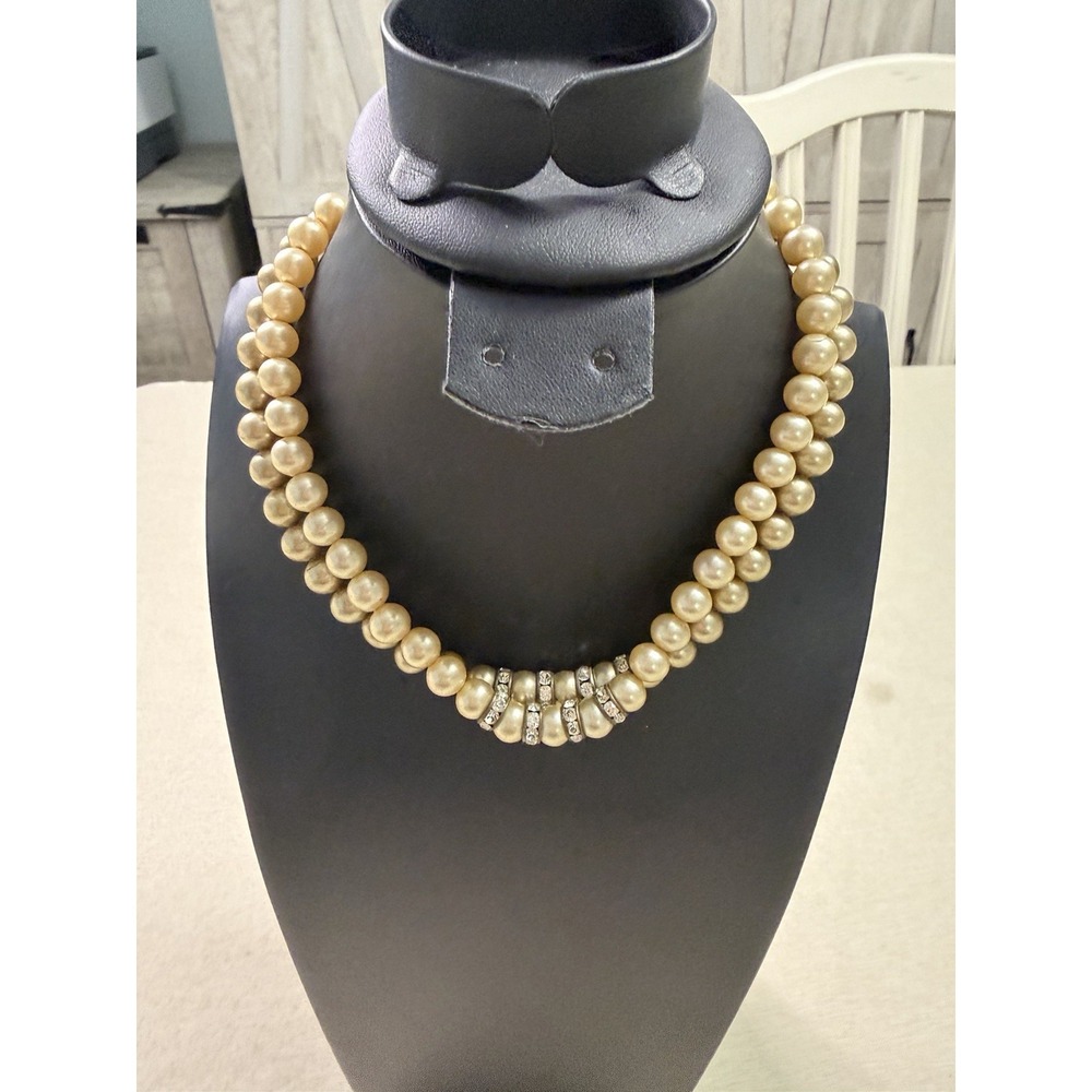 Vintage Double Strand Faux Pearl Necklace Rhinestone Spacer Mid Century Chic‎